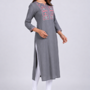 Women's Rayon Embroidered Kurti Grey Angle View