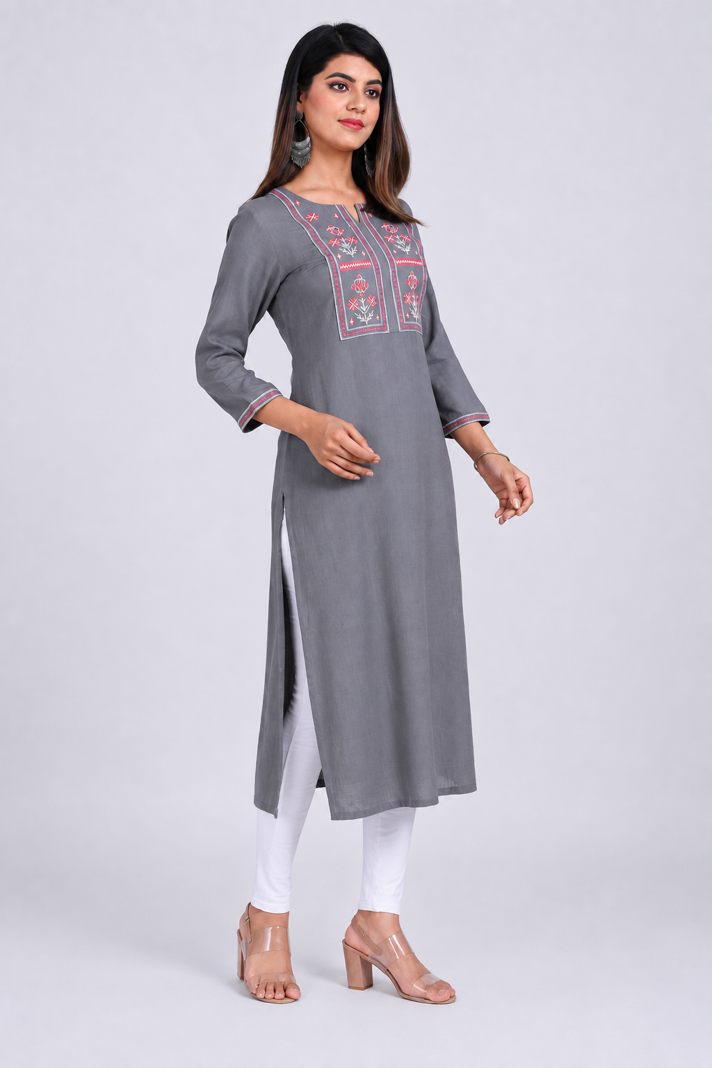 Women's Rayon Embroidered Kurti Grey Angle View