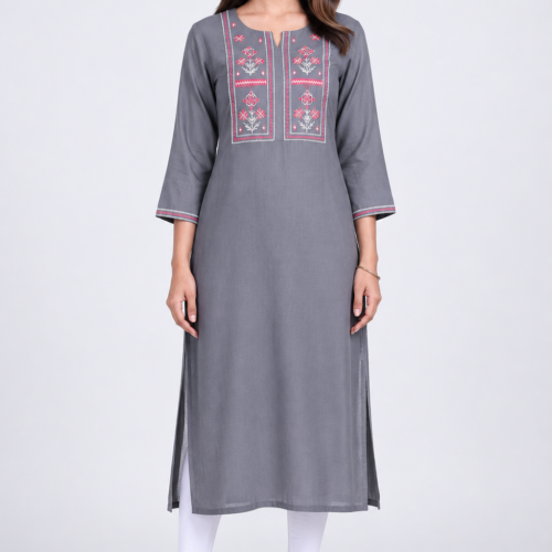 Women's Rayon Embroidered Kurti Grey Front View
