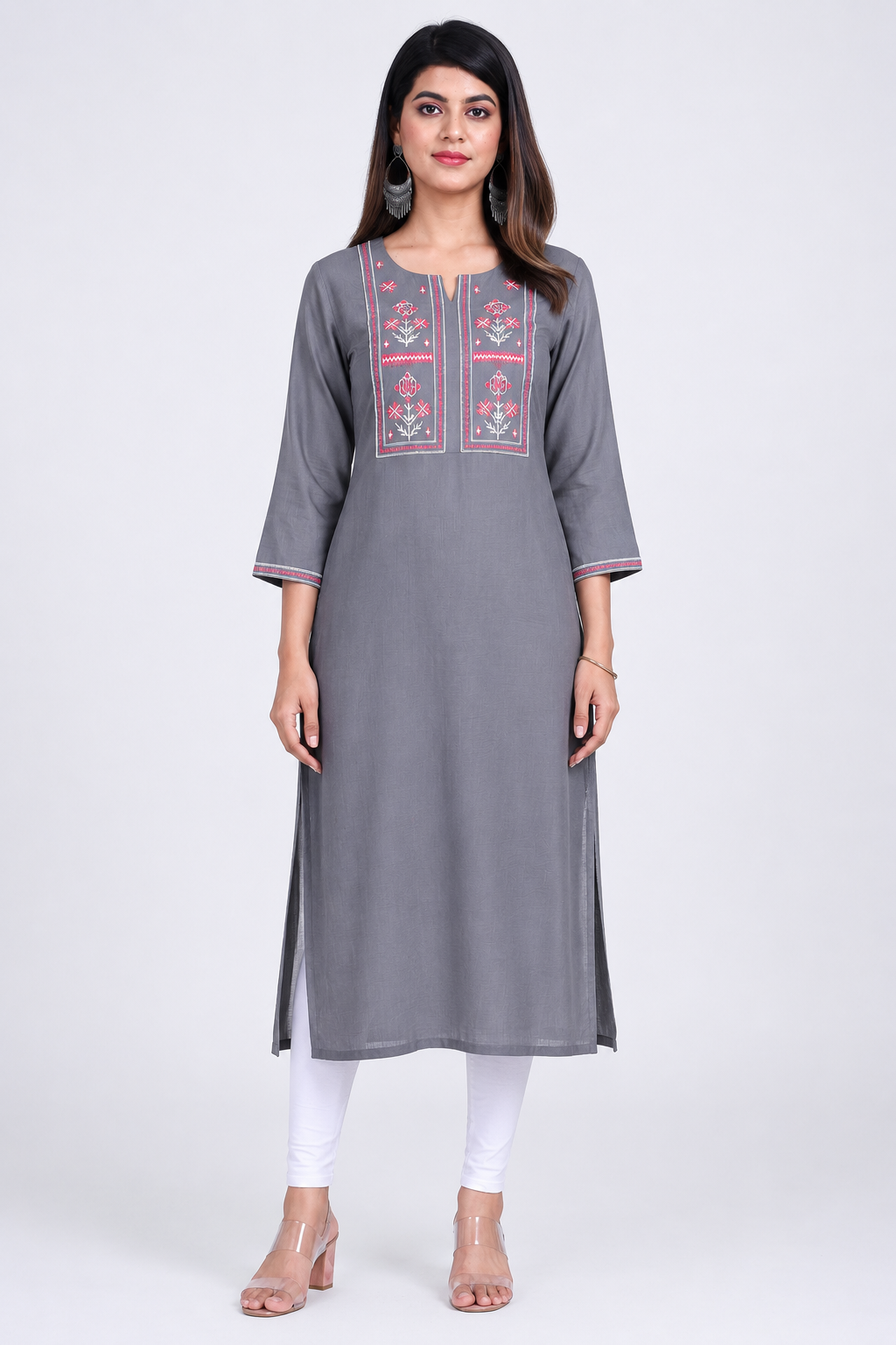 Women's Rayon Embroidered Kurti Grey Front View