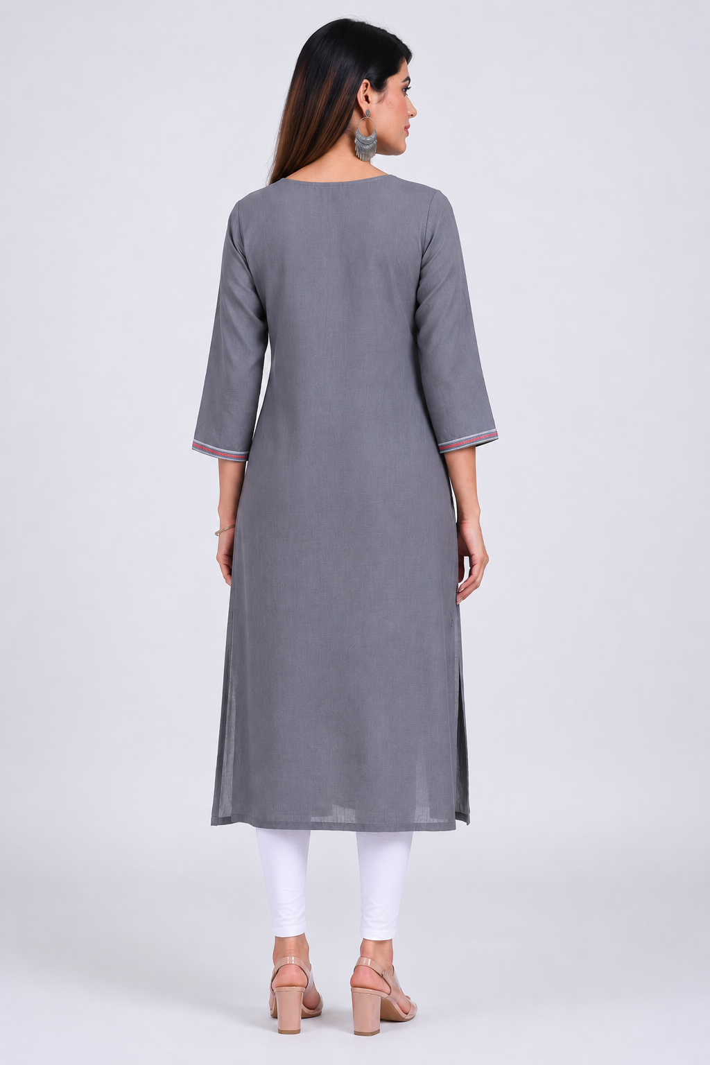 Women's Rayon Embroidered Kurti Grey Back View