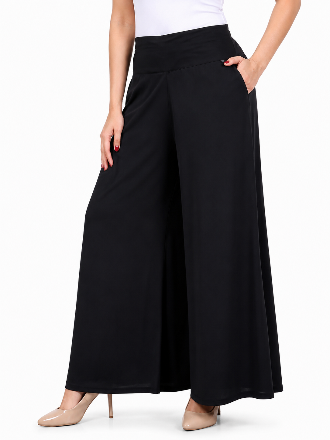 Women’s Black Rayon Palazzo Pants – Front Angle View